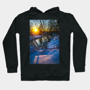 Snow falling on a river with snowy banks Hoodie